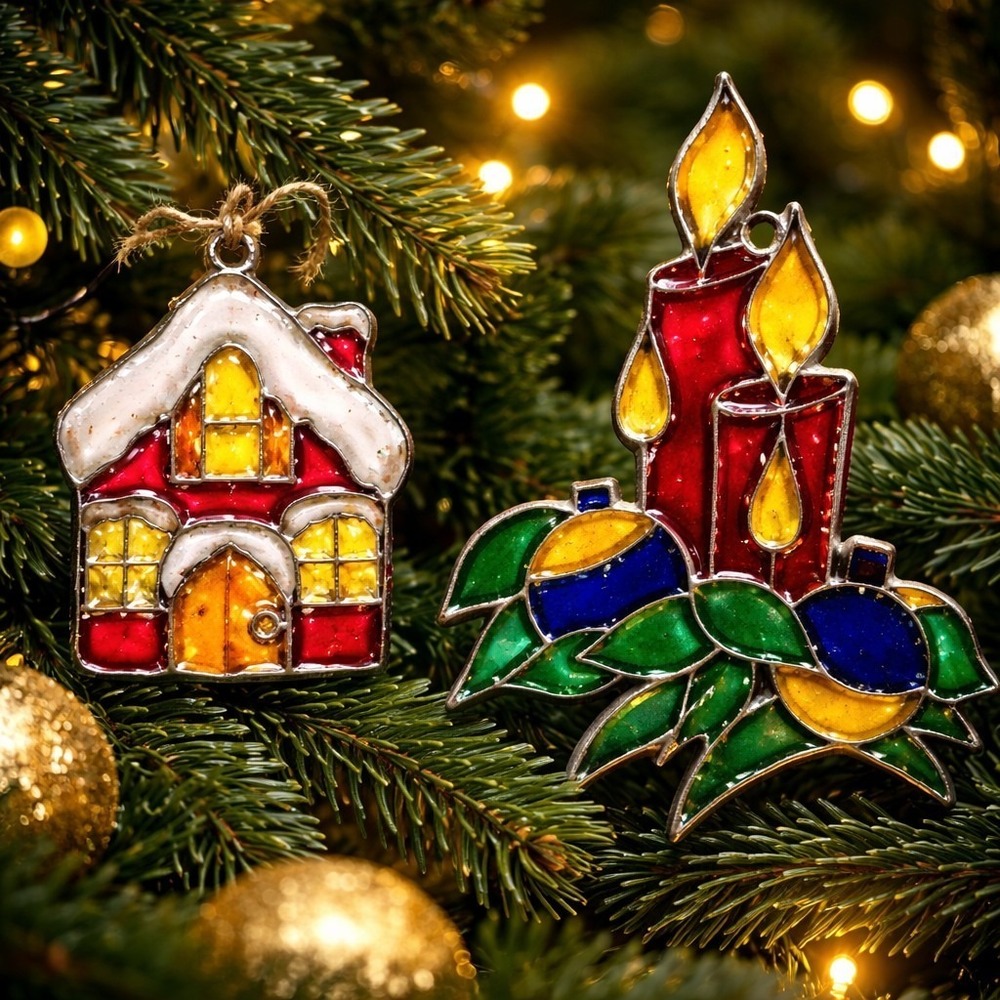 Vintage 70s Christmas Candles And House Stained Sun Catcher Hanging Decoration